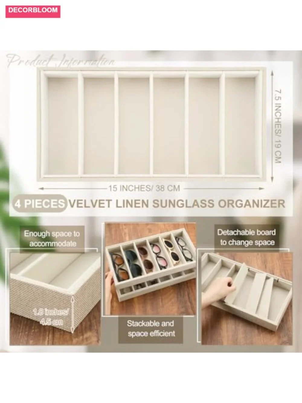 Set of 4 Velvet Sunglass Trays 6 Grids Linen Organizer Stackable Storage